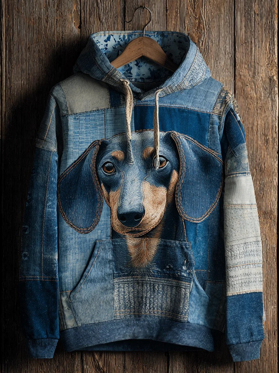Denim Dog Print Art Casual Hoodie gracestitchs