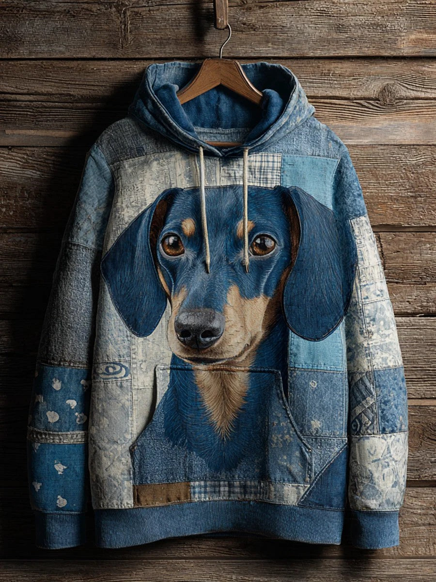 Denim Dog Print Art Casual Hoodie gracestitchs