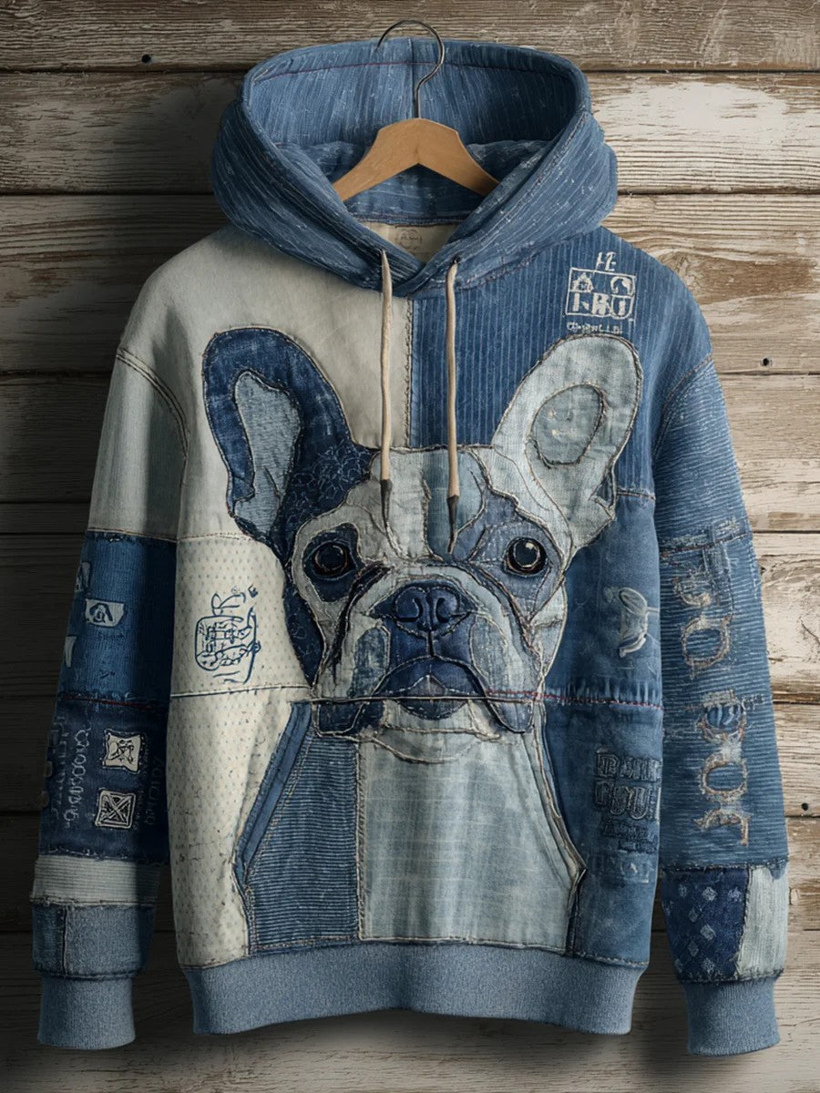 Denim Dog Print Art Casual Hoodie gracestitchs