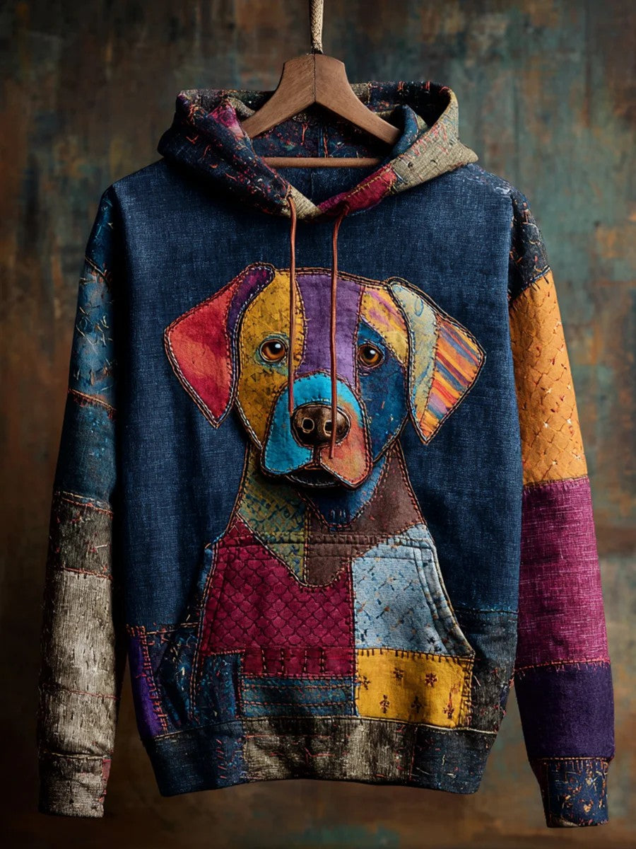 Vintage Patchwork Dog Print Art Casual Hoodie gracestitchs