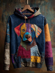 Vintage Patchwork Dog Print Art Casual Hoodie gracestitchs