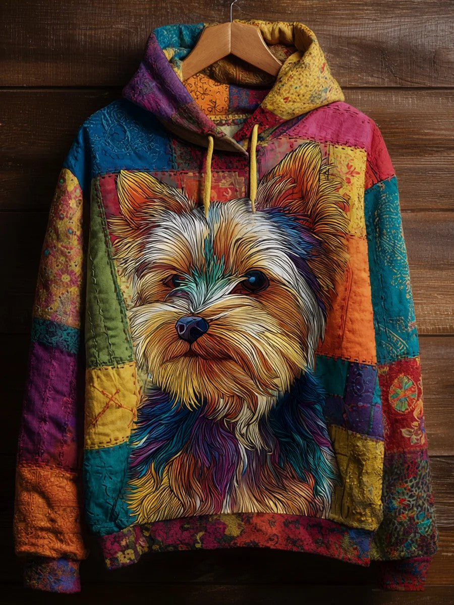 Vintage Patchwork Dog Print Art Casual Hoodie gracestitchs