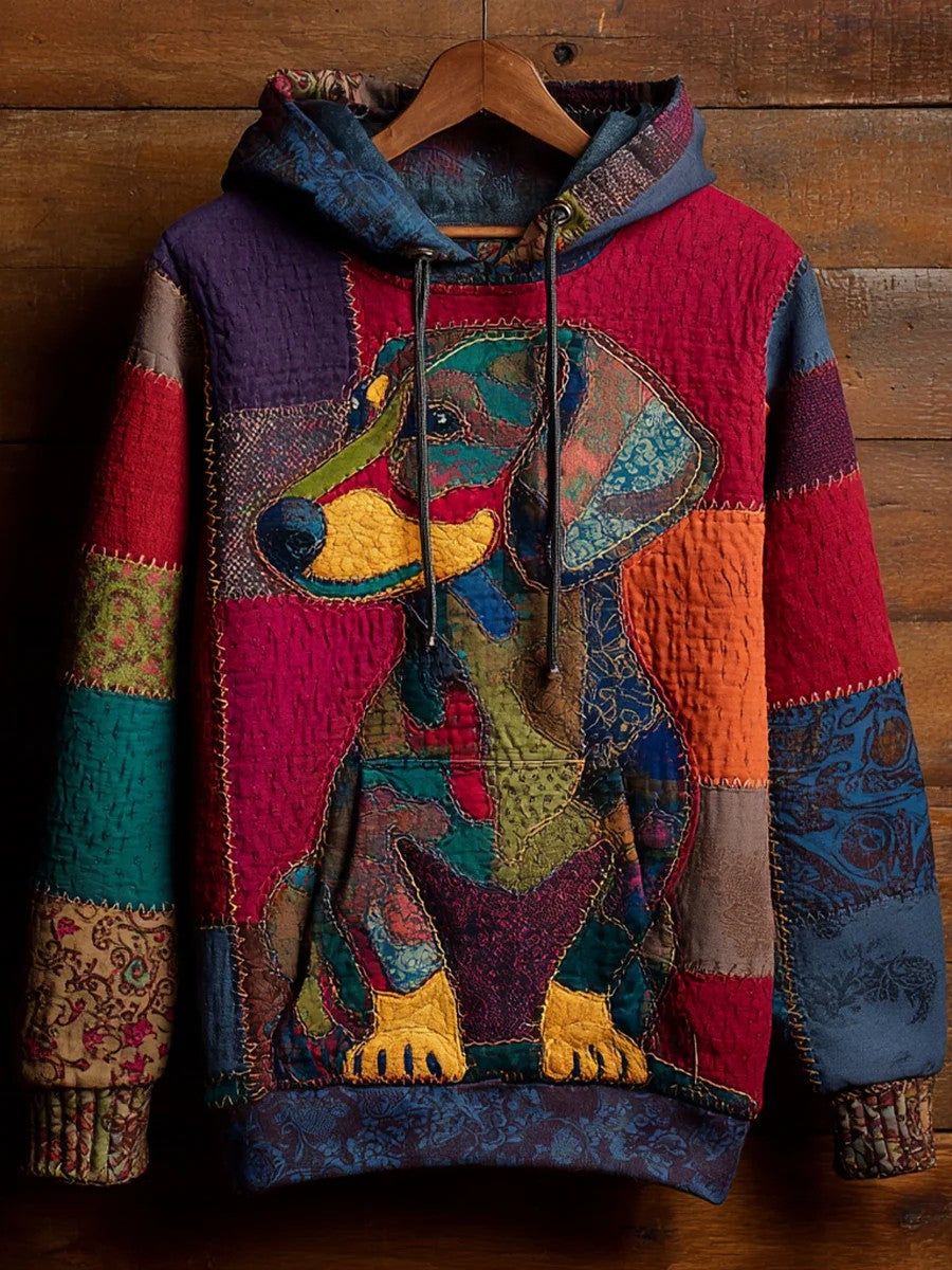 Vintage Patchwork Dog Print Art Casual Hoodie gracestitchs