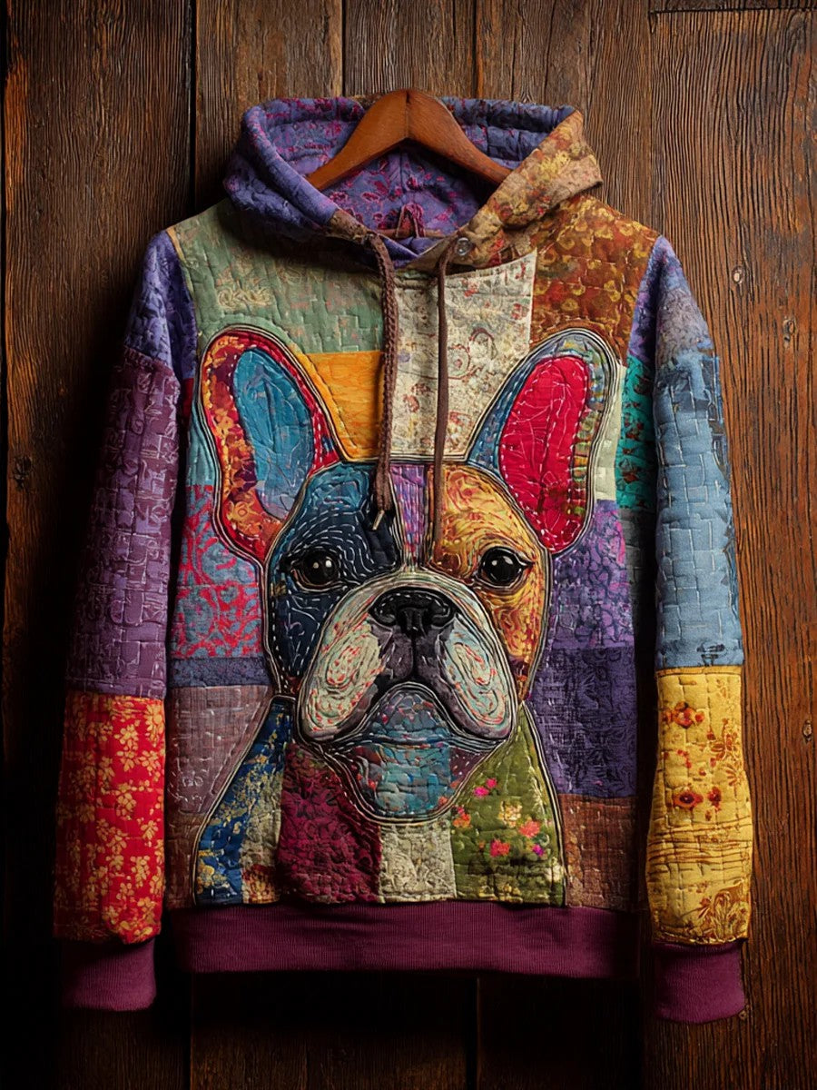 Vintage Patchwork Dog Print Art Casual Hoodie gracestitchs