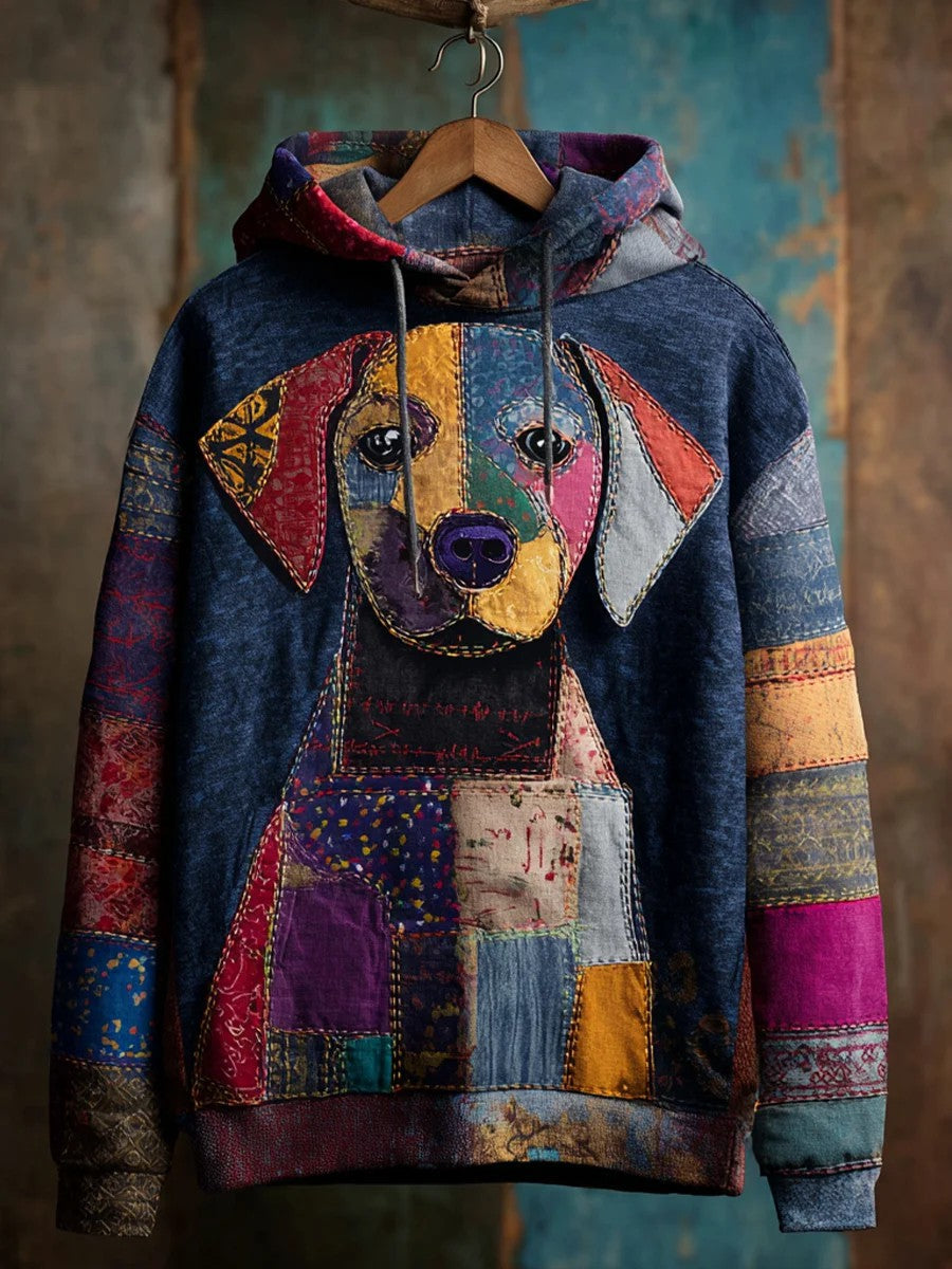 Vintage Patchwork Dog Print Art Casual Hoodie gracestitchs