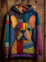 Vintage Patchwork Dog Print Art Casual Hoodie gracestitchs