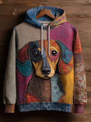 Vintage Patchwork Dog Print Art Casual Hoodie gracestitchs