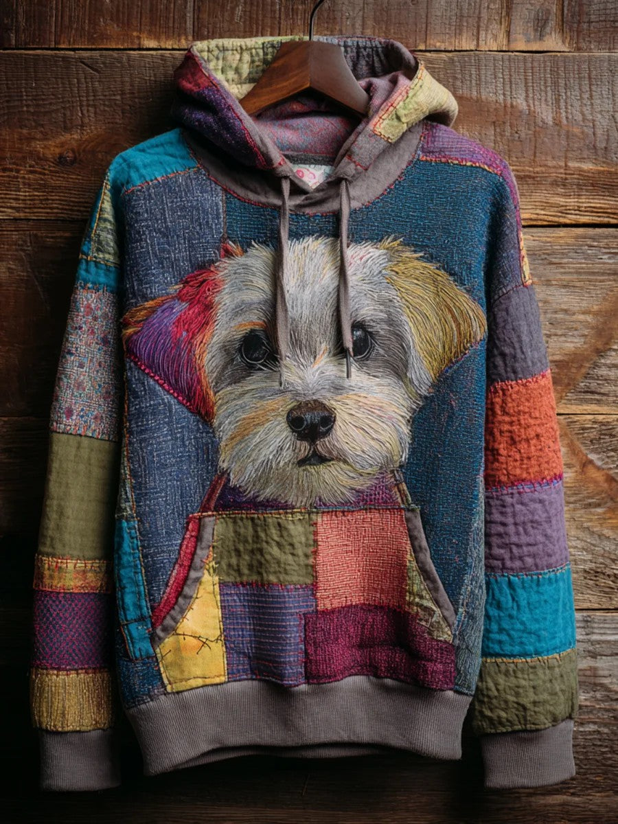 Vintage Patchwork Dog Print Art Casual Hoodie gracestitchs
