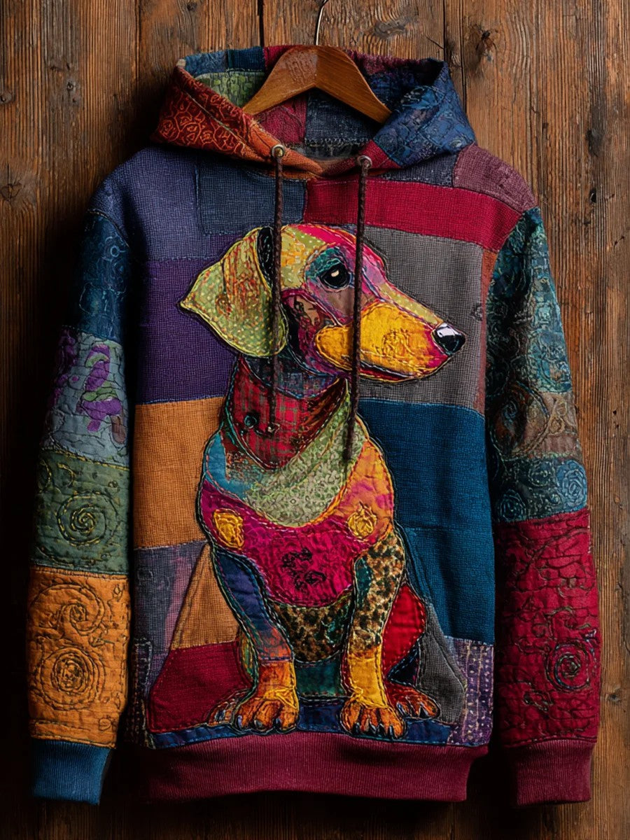 Vintage Patchwork Dog Print Art Casual Hoodie gracestitchs