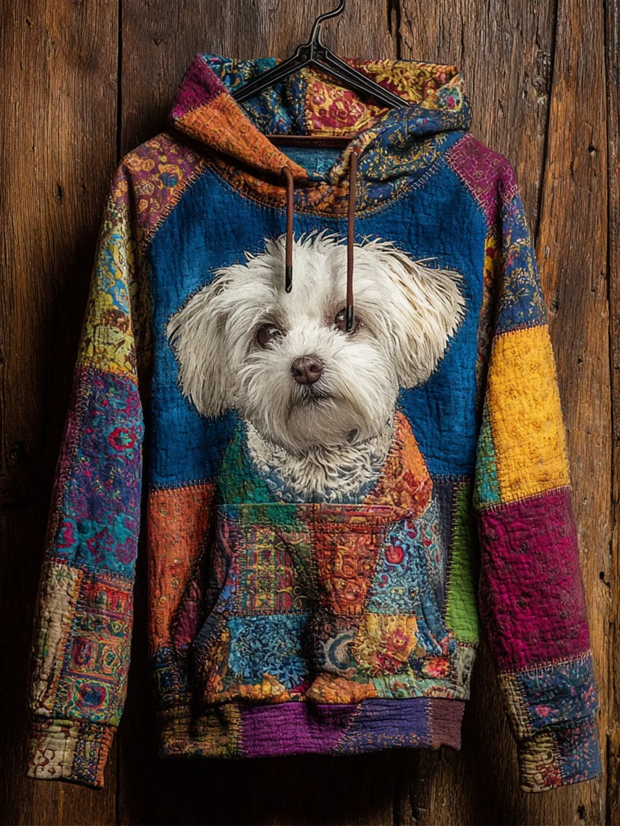 Vintage Patchwork Dog Print Art Casual Hoodie gracestitchs