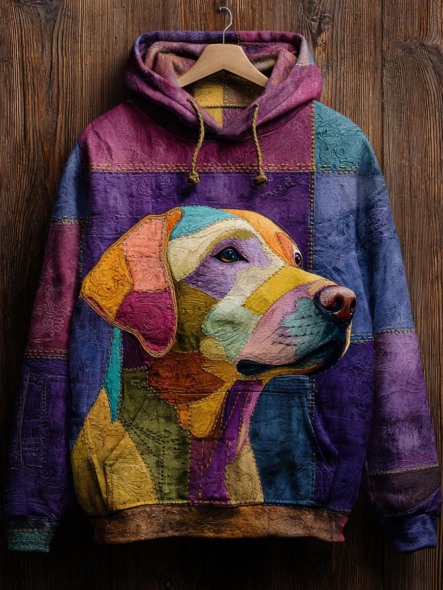 Vintage Patchwork Dog Print Art Casual Hoodie gracestitchs