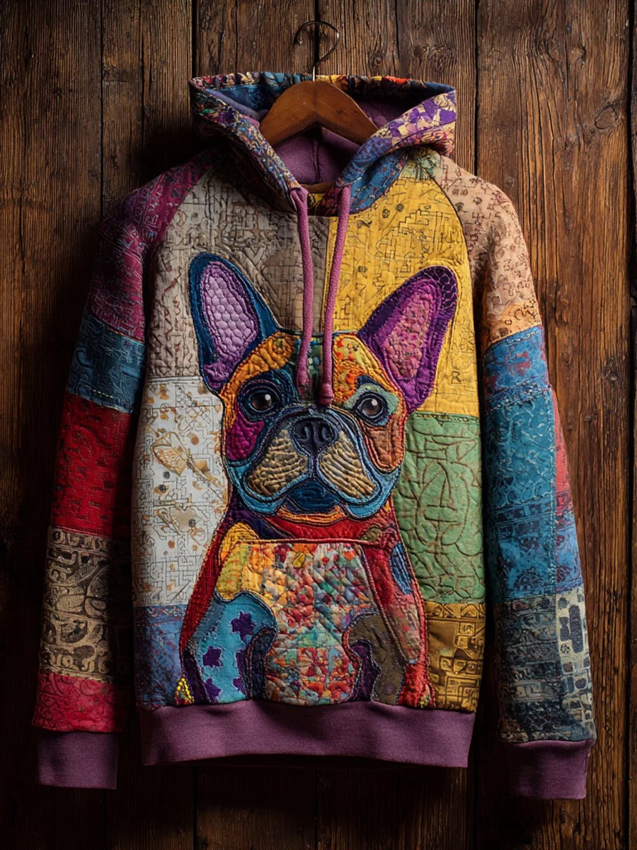 Vintage Patchwork Dog Print Art Casual Hoodie gracestitchs