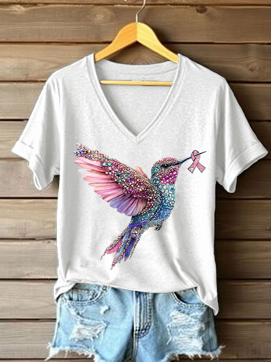 Women's Pink Hummingbird Print Casual T-shirt gracestitchs