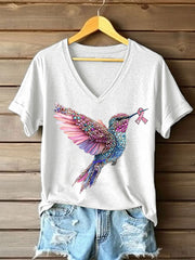 Women's Pink Hummingbird Print Casual T-shirt gracestitchs