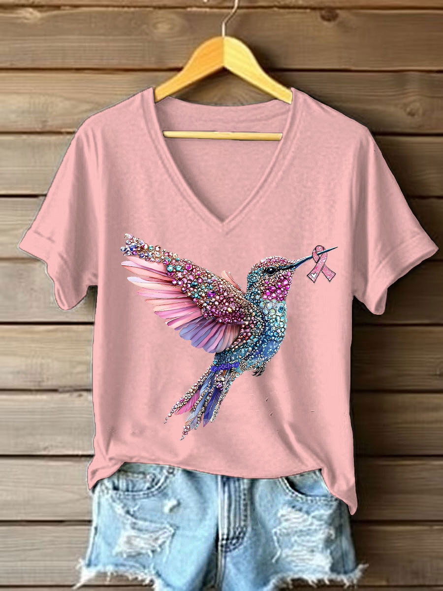 Women's Pink Hummingbird Print Casual T-shirt gracestitchs