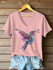 Women's Pink Hummingbird Print Casual T-shirt gracestitchs