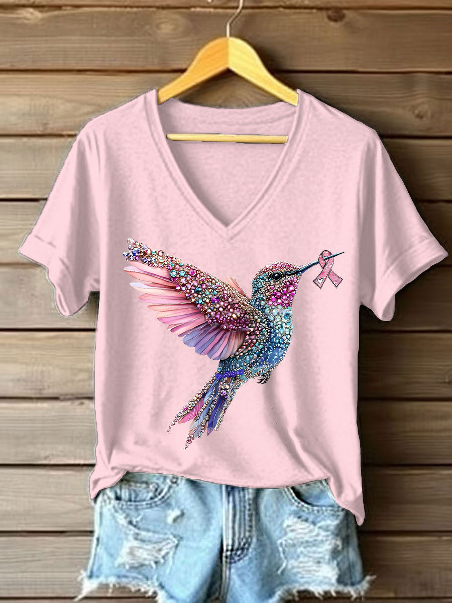 Women's Pink Hummingbird Print Casual T-shirt gracestitchs