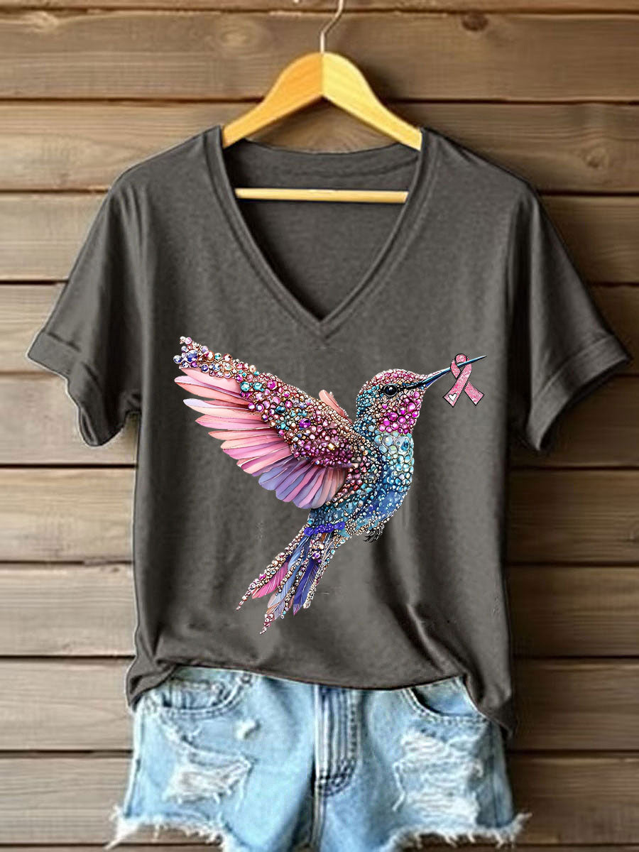 Women's Pink Hummingbird Print Casual T-shirt gracestitchs