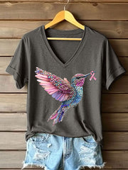 Women's Pink Hummingbird Print Casual T-shirt gracestitchs