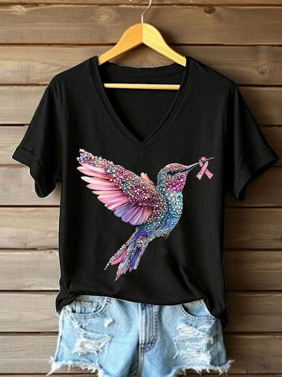 Women's Pink Hummingbird Print Casual T-shirt gracestitchs
