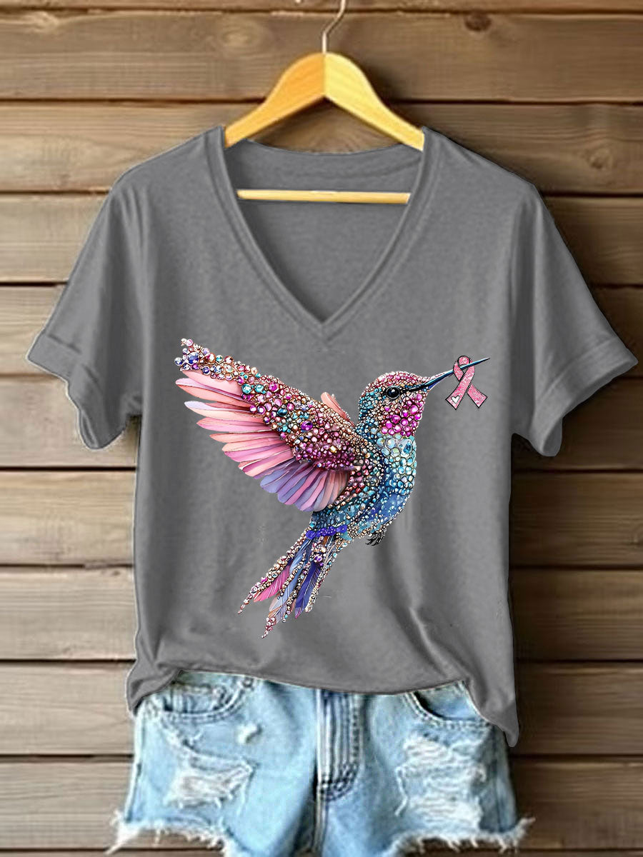 Women's Pink Hummingbird Print Casual T-shirt gracestitchs