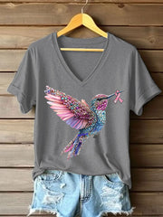 Women's Pink Hummingbird Print Casual T-shirt gracestitchs