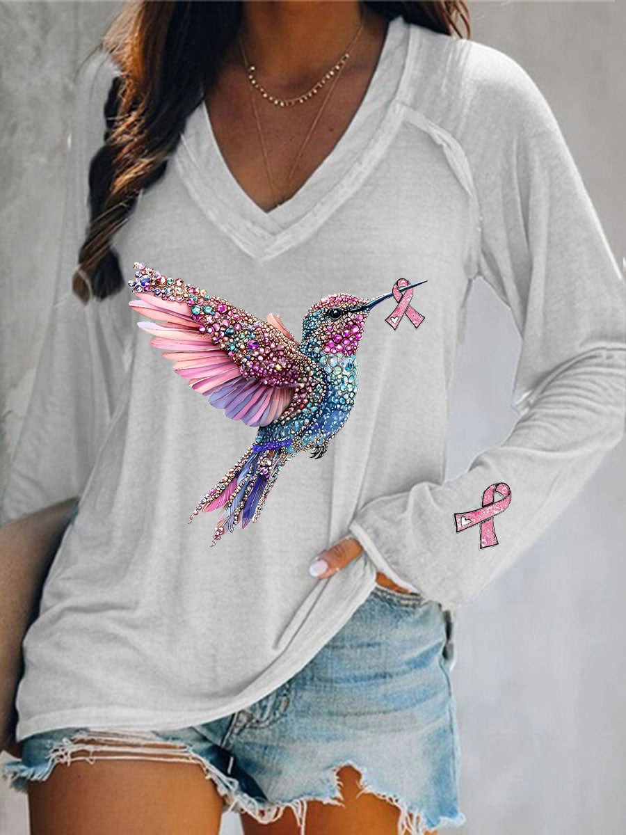 Women's Pink Hummingbird Print Casual T-shirt gracestitchs