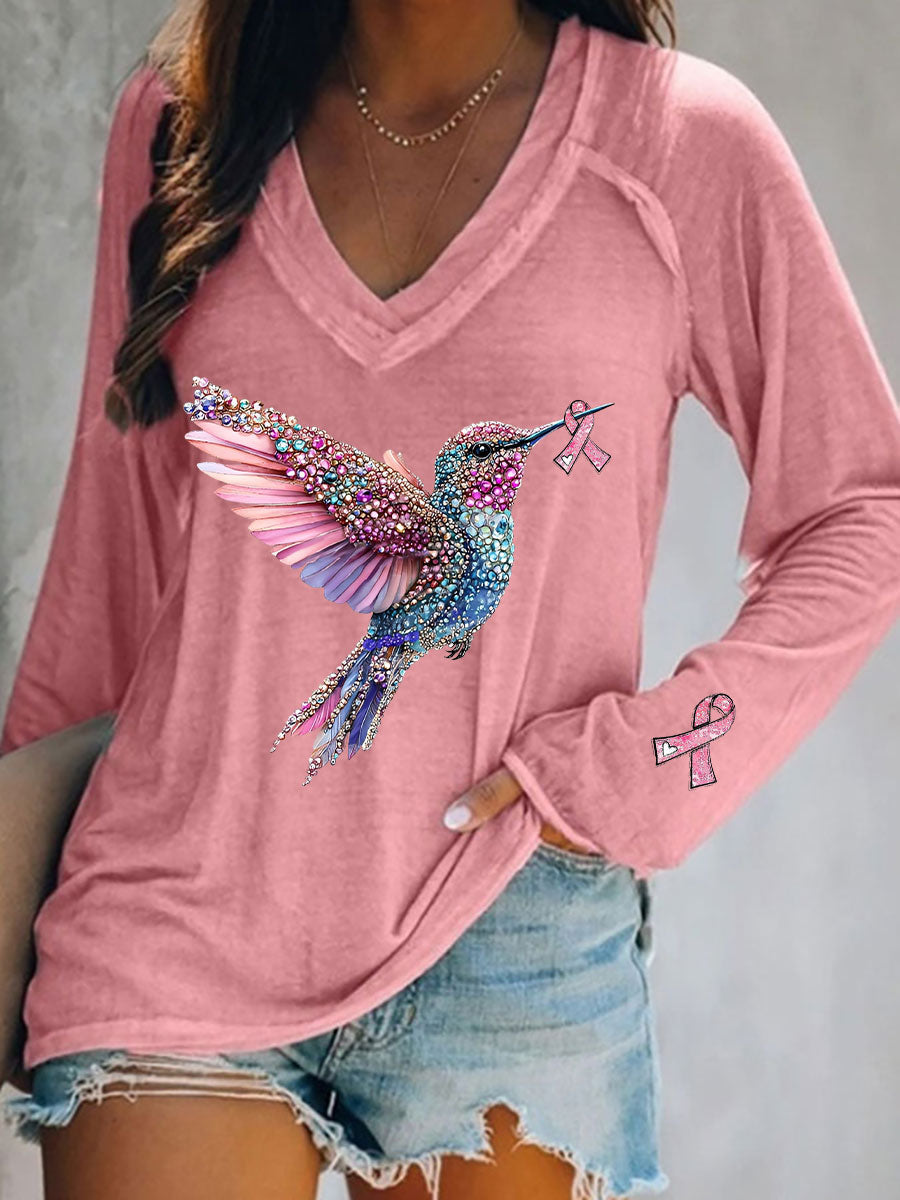 Women's Pink Hummingbird Print Casual T-shirt gracestitchs