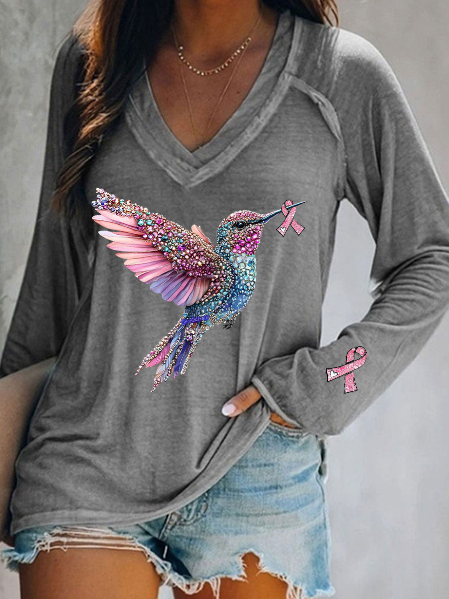 Women's Pink Hummingbird Print Casual T-shirt gracestitchs