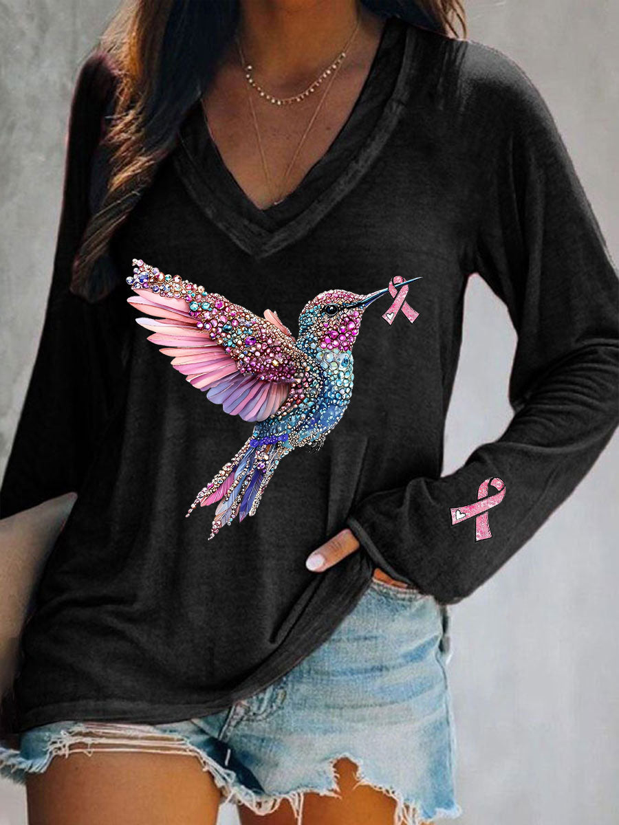 Women's Pink Hummingbird Print Casual T-shirt gracestitchs