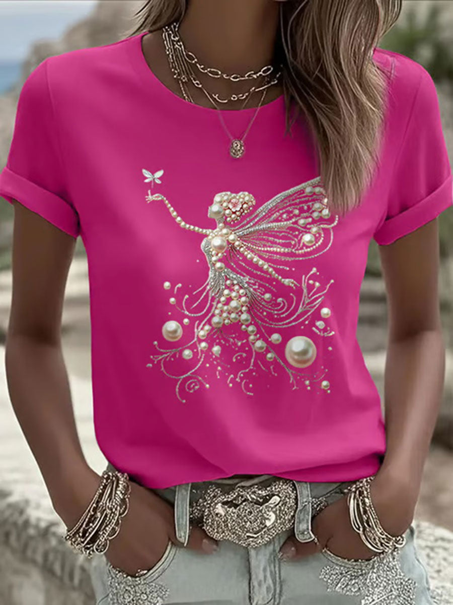 Women's Pink Pearl Print Casual T-shirt gracestitchs