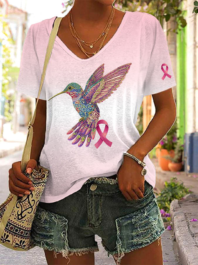 Women's Pink Ribbon Print Casual T-shirt gracestitchs