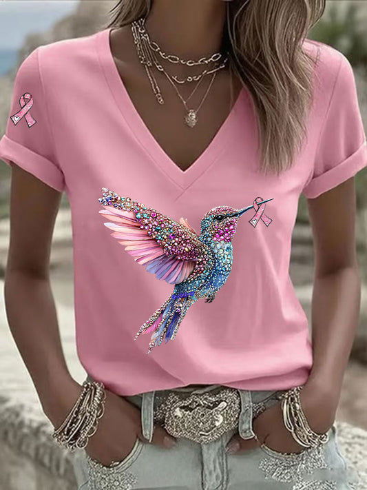 Women's Pink Ribbon Print Casual V-Neck T-Shirt gracestitchs