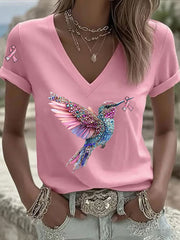 Women's Pink Ribbon Print Casual V-Neck T-Shirt gracestitchs