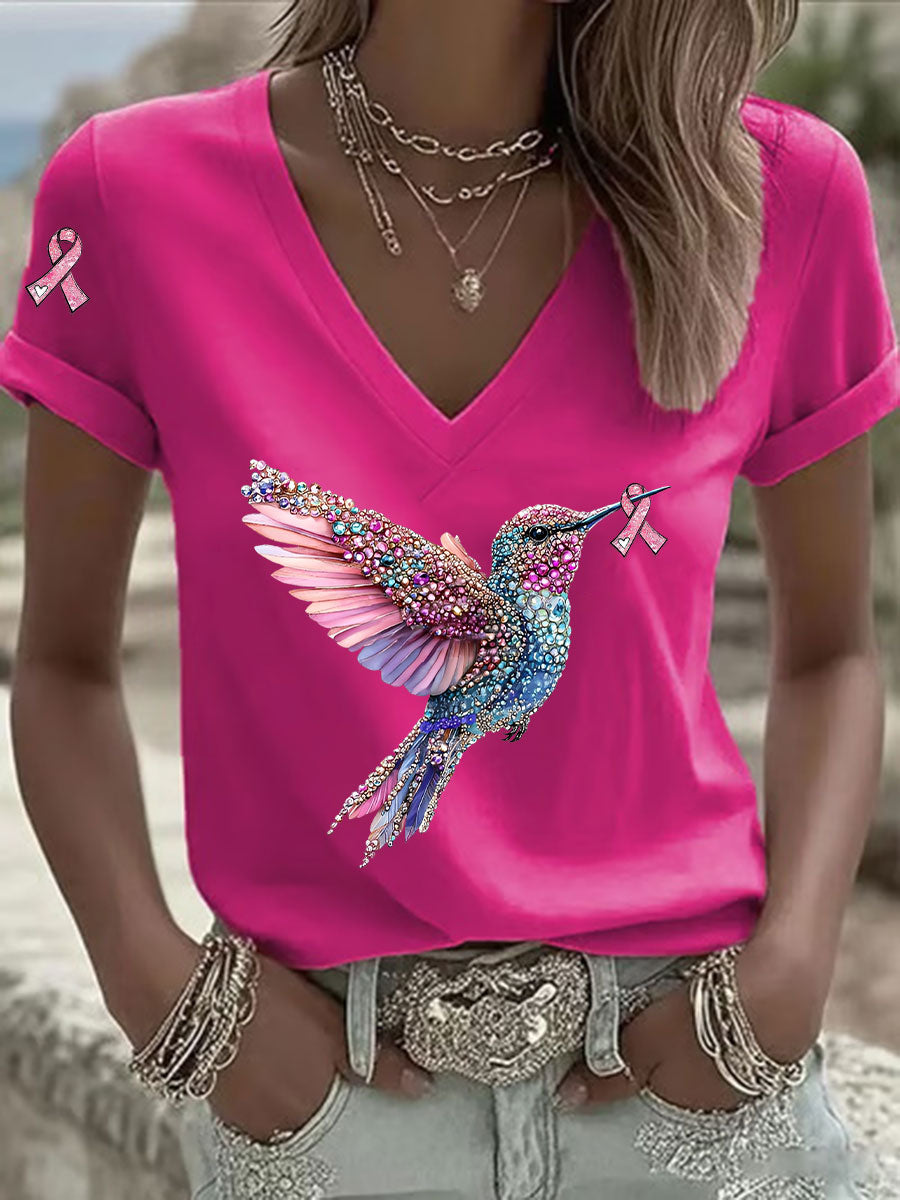 Women's Pink Ribbon Print Casual V-Neck T-Shirt gracestitchs