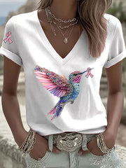 Women's Pink Ribbon Print Casual V-Neck T-Shirt gracestitchs