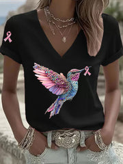Women's Pink Ribbon Print Casual V-Neck T-Shirt gracestitchs