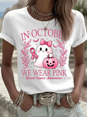 Women's In October We Wear Pink Ghost Print Casual T-shirt gracestitchs