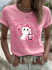Women's In October We Wear Pink Ghost Print Casual T-shirt gracestitchs