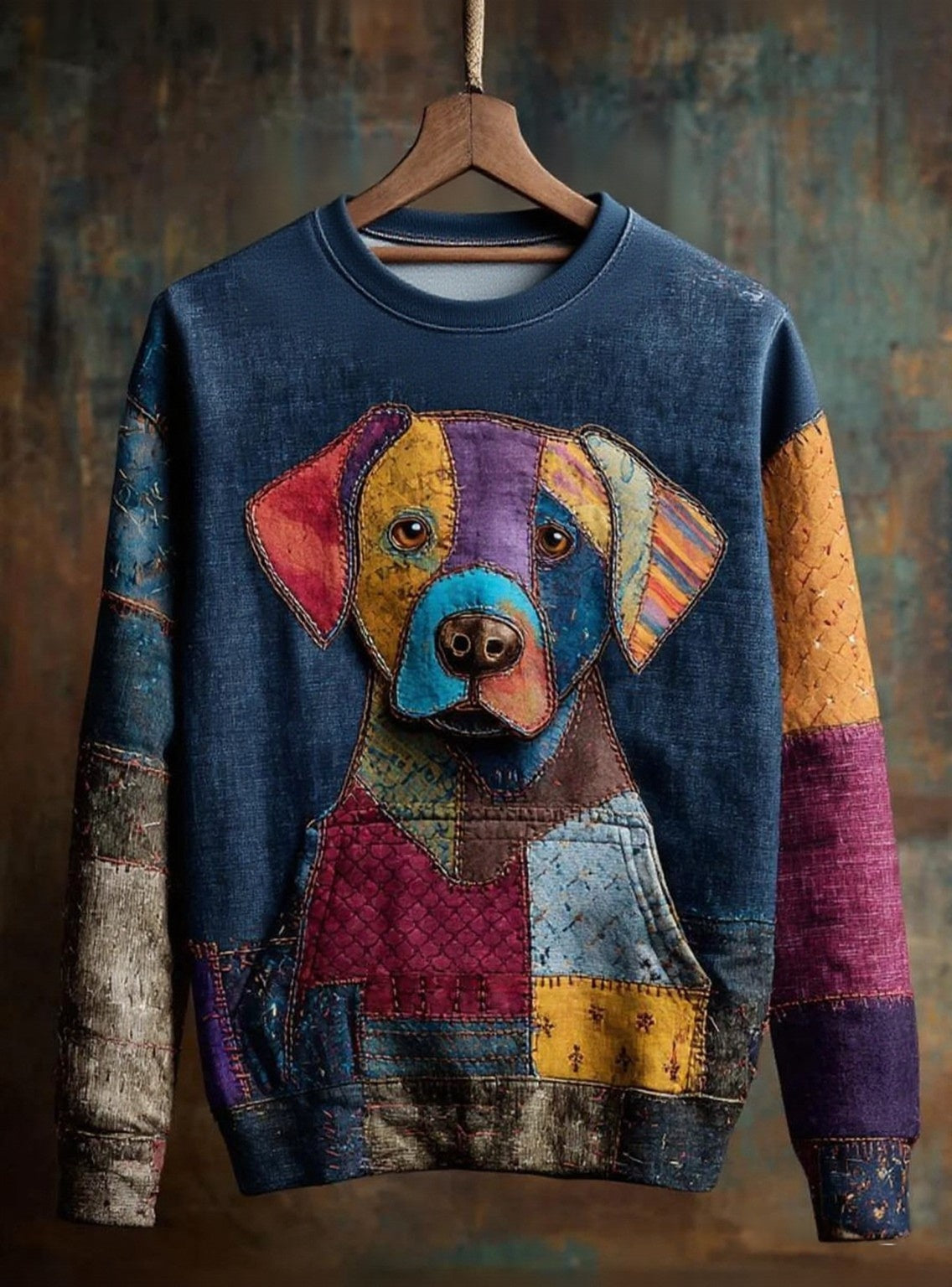 Women's Vintage Patchwork Dog Art Print Casual Sweatshirt gracestitchs