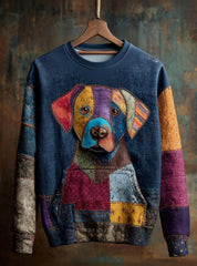 Women's Vintage Patchwork Dog Art Print Casual Sweatshirt gracestitchs