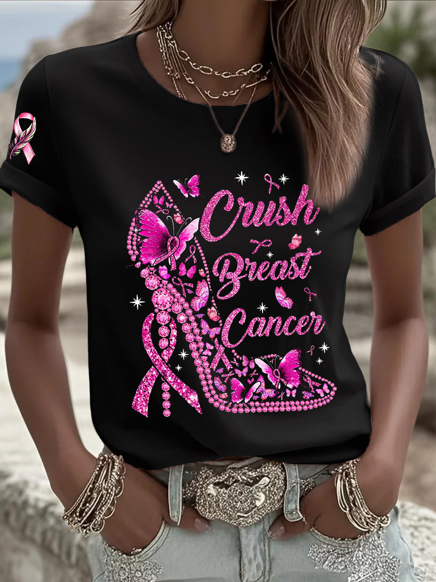 Women's Breast Cancer Awareness Crush Breast Cancer Pink Ribbon Short Sleeve T-shirt gracestitchs