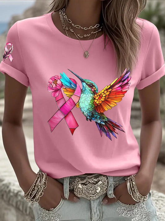Women's Breast Cancer Hummingbird Pink Ribbon Short Sleeve T-shirt gracestitchs