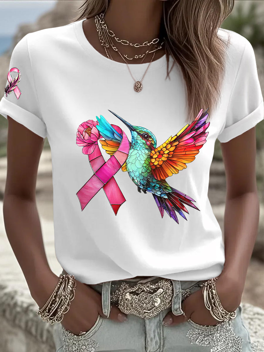Women's Breast Cancer Hummingbird Pink Ribbon Short Sleeve T-shirt gracestitchs
