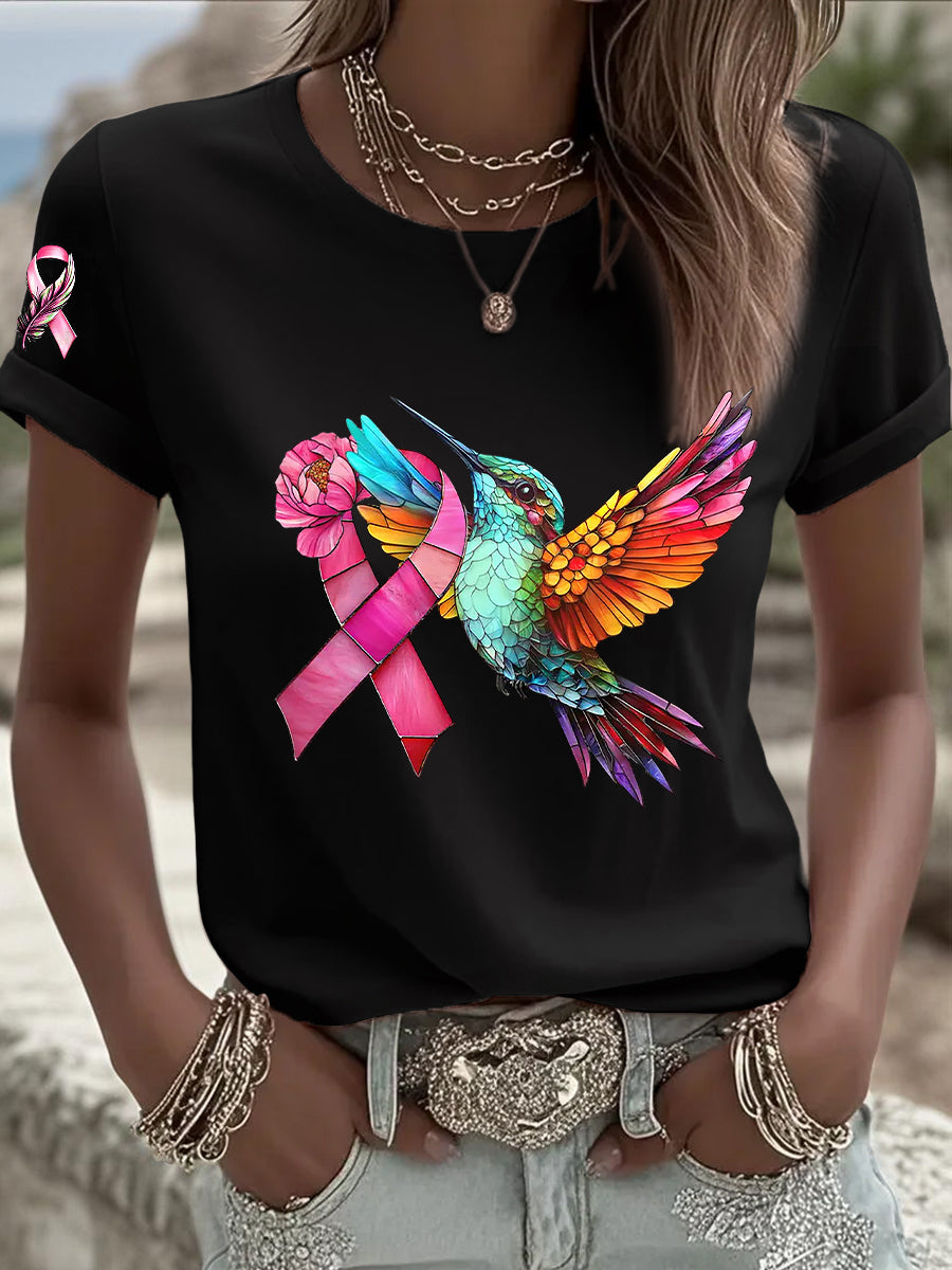 Women's Breast Cancer Hummingbird Pink Ribbon Short Sleeve T-shirt gracestitchs