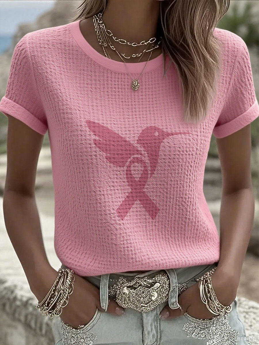 Women's Breast Cancer Awareness Pink Hummingbird Print Waffle T-Shirt gracestitchs