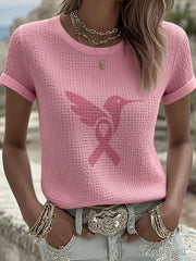 Women's Breast Cancer Awareness Pink Hummingbird Print Waffle T-Shirt gracestitchs