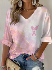 Women's Breast Cancer Awareness Pink Hummingbird V-Neck Waffle Top gracestitchs