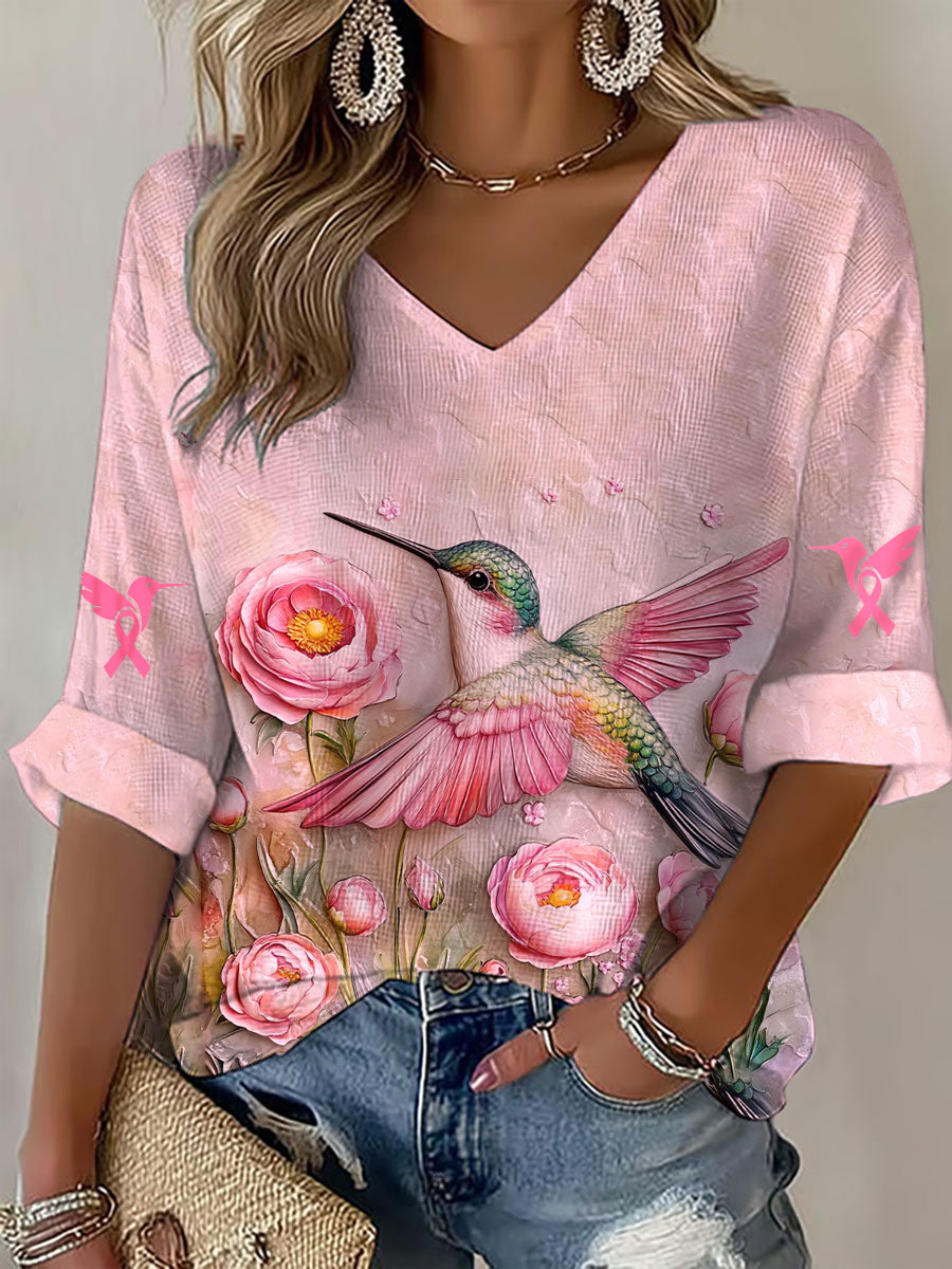 Women's Breast Cancer Awareness Pink Hummingbird V-Neck Waffle Top gracestitchs