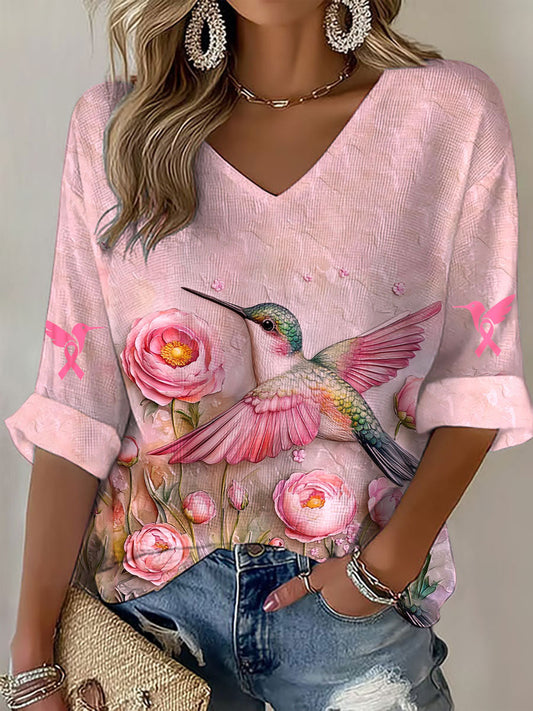 Women's Breast Cancer Awareness Pink Hummingbird V-Neck Waffle Top gracestitchs